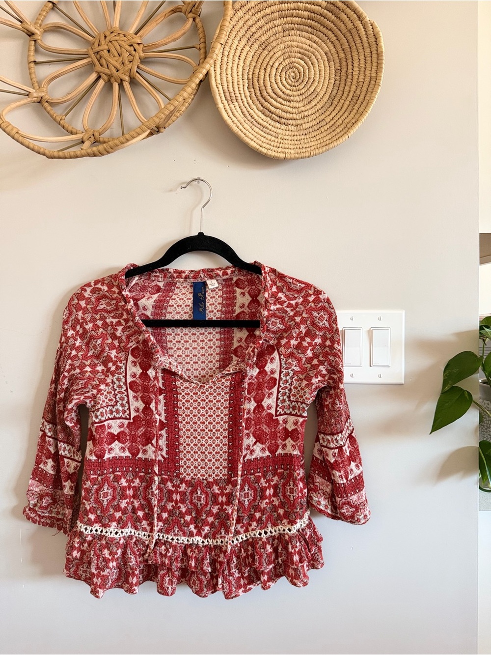 Blue Rain Red Patchwork Peasant Blouse